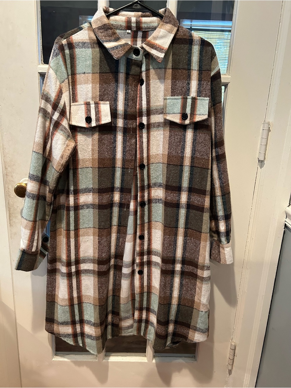 Plaid Button-Up Shacket in Brown & Cream